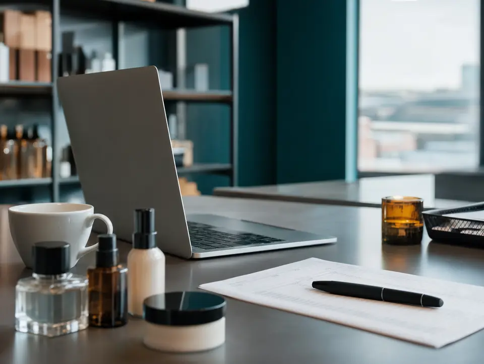 An operations desk with a laptop, a printed pick list and fragrance samples.